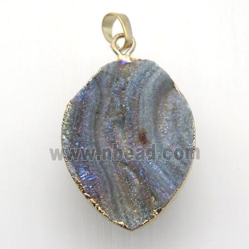 AB-color Solar Agate Druzy leaf pendant, gold plated