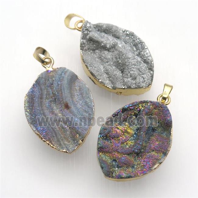 Solar Agate Druzy leaf pendant, gold plated, mix color