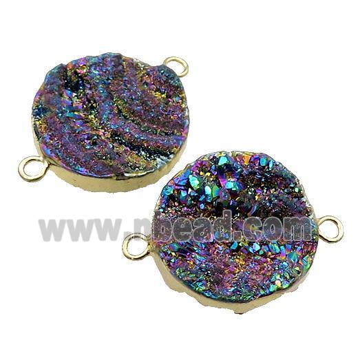 rainbow Solar Agate Druzy connector, circle, gold plated