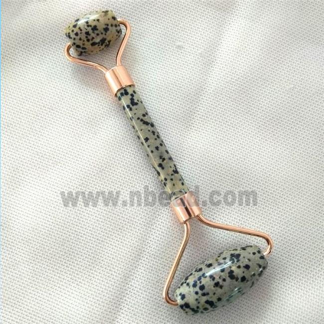 black Spotted Dalmatian Jasper Roller GuaSha Massage Tools, rose gold