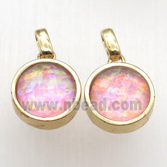 pink Fire Opal circle pendant, synthetic, gold plated