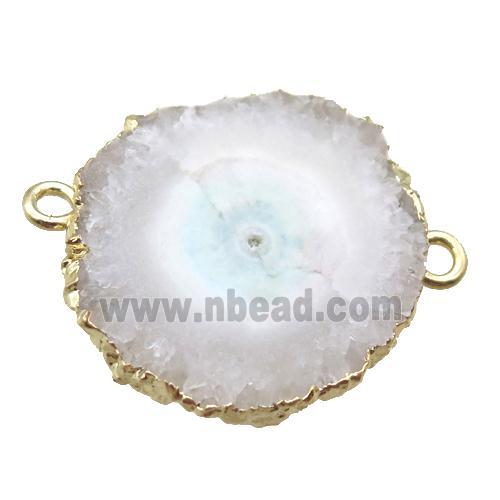 white Solar Quartz Druzy slab connector, freeform, gold plated