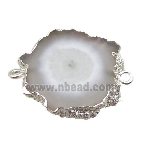 white Solar Quartz Druzy slab connector, freeform, silver plated