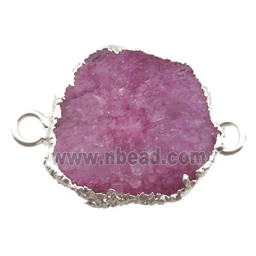 hotpink Solar Quartz Druzy slab connector, freeform, silver plated