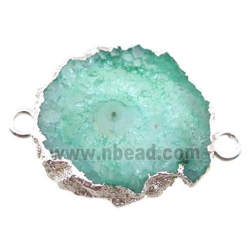 green Solar Quartz Druzy slab connector, freeform, silver plated