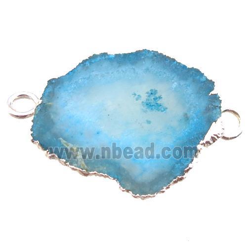 blue Solar Quartz Druzy slab connector, freeform, silver plated