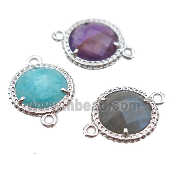 mixed gemstone circle connector, platinum plated