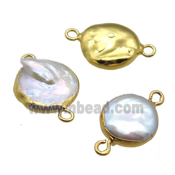 natural pearl connector, freeform, gold plated