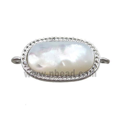 white pearlized Shell oval connector, platinum plated