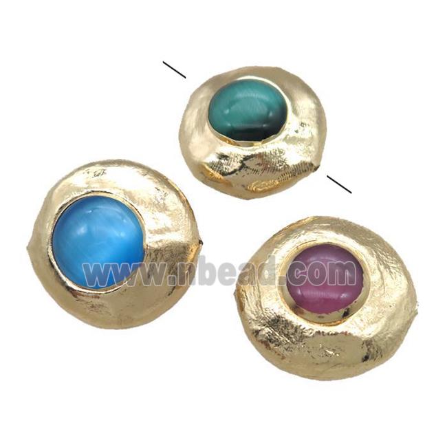 cats eye beads, coin round, gold plated