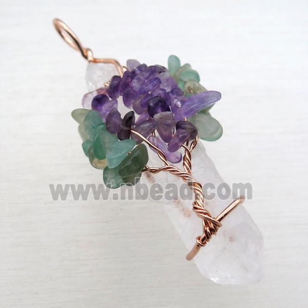 Clear Quartz Chakra Pendant Tree Of Life Wire Wrapped Rose Gold