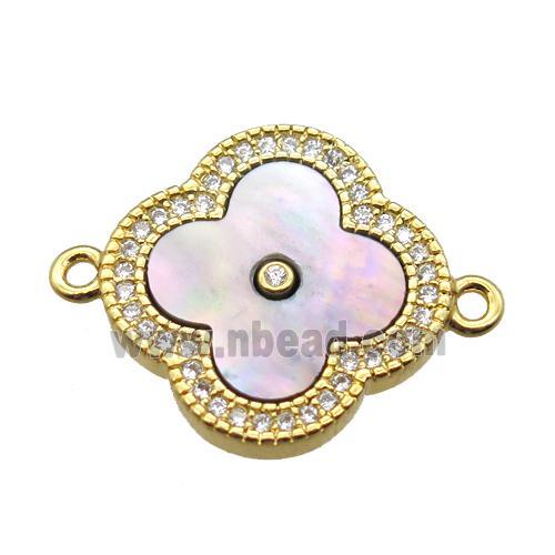 pink Queen shell clover connector with copper pave zircon, gold plated