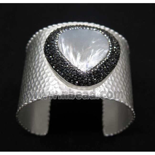 white pearl shell pave rhinestone, silver alloy cuff bracelet