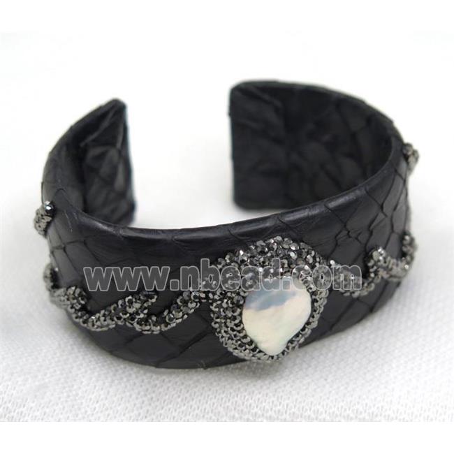 white pearl cuff bangle pave rhinestone, black snakeskin, alloy