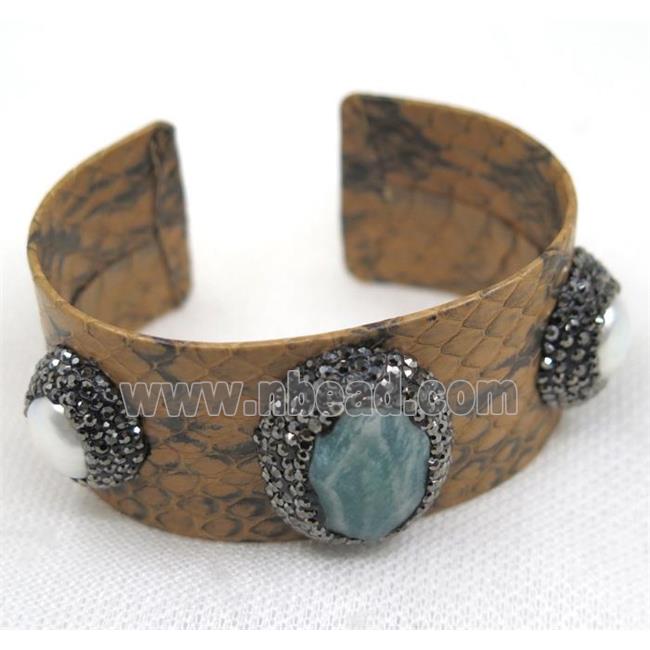 mix gemstone cuff bangle pave rhinestone, brown snakeskin, alloy