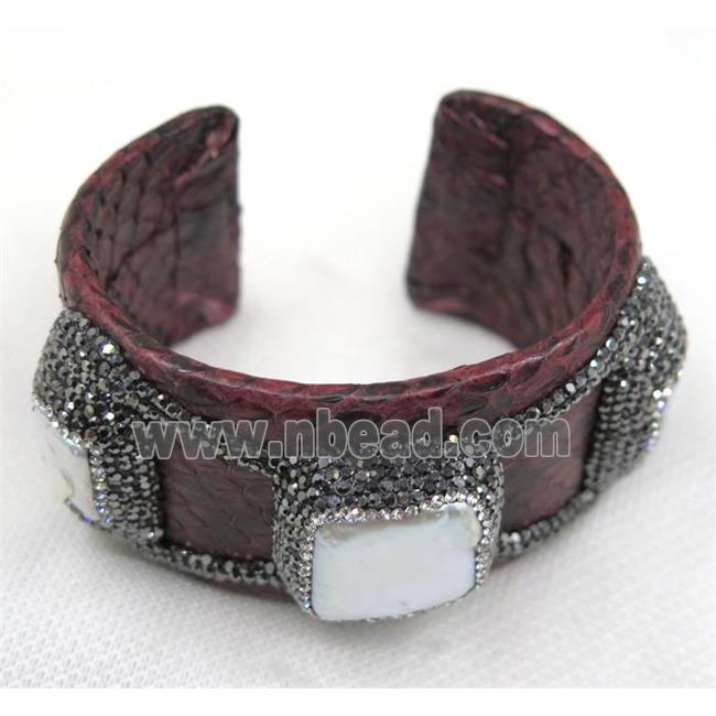 white pearl cuff bangle pave rhinestone, red snakeskin, alloy