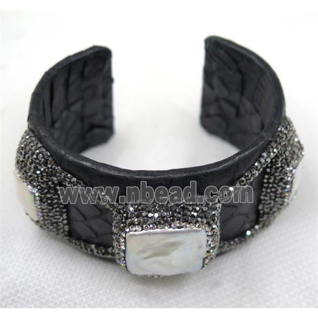 white pearl pave rhinestone, black snakeskin alloy cuff bangle