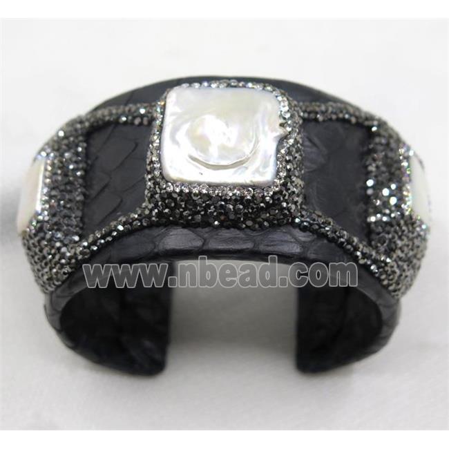 white pearl cuff bangle pave rhinestone, black snakeskin, alloy