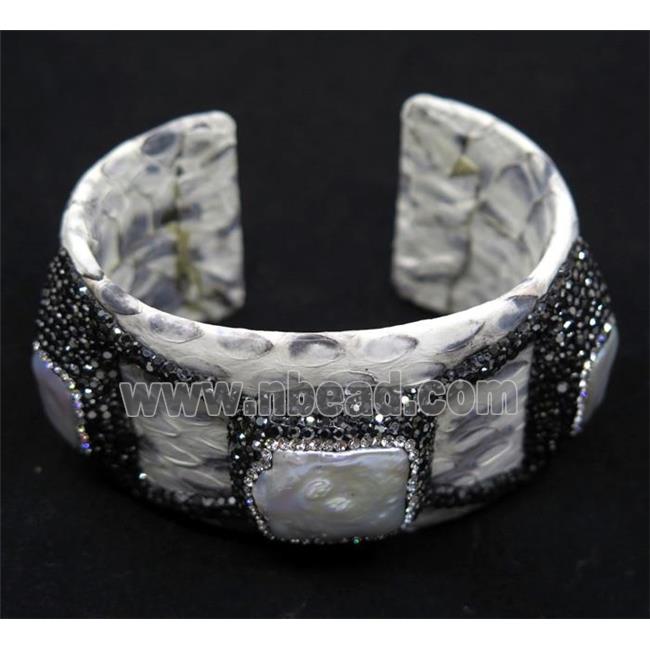 white pearl cuff bangle pave rhinestone, white snakeskin, alloy