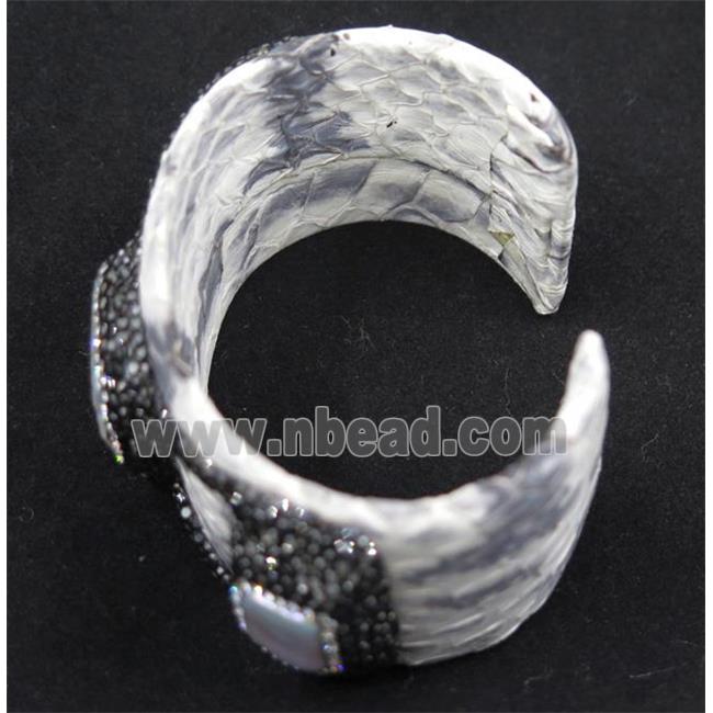 white pearl cuff bangle pave rhinestone, white snakeskin, alloy