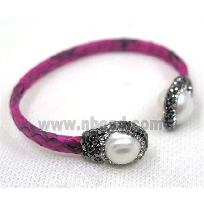 white pearl pave rhinestone, hotpink snakeskin copper cuff bangle