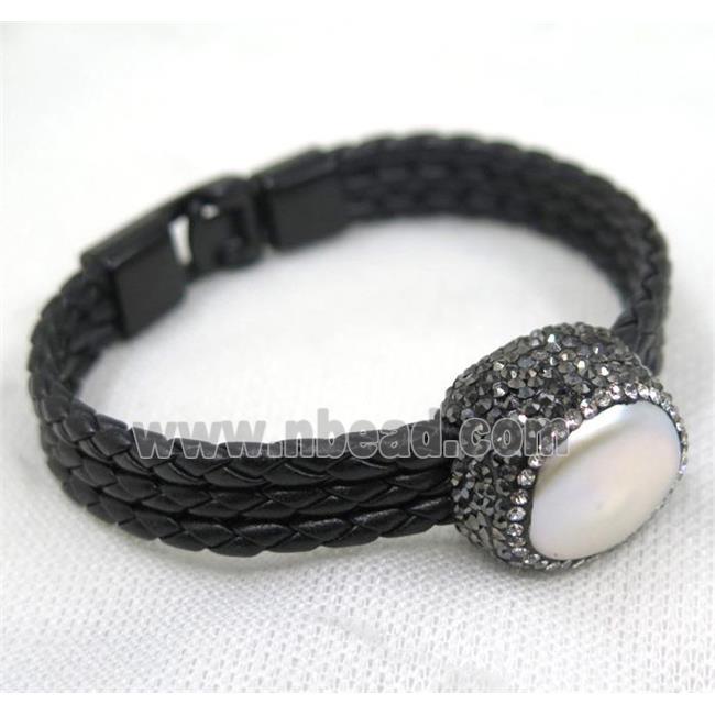 white pearl pave rhinestone, black PU leather cuff bracelet