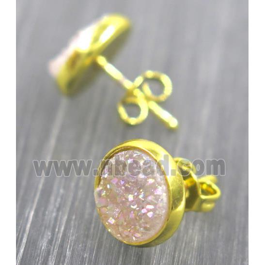 white AB-color druzy agate earring studs, gold plated