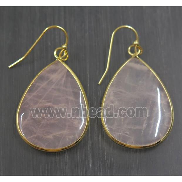 pink Rose Quartz Earring, teardrop, gold plated