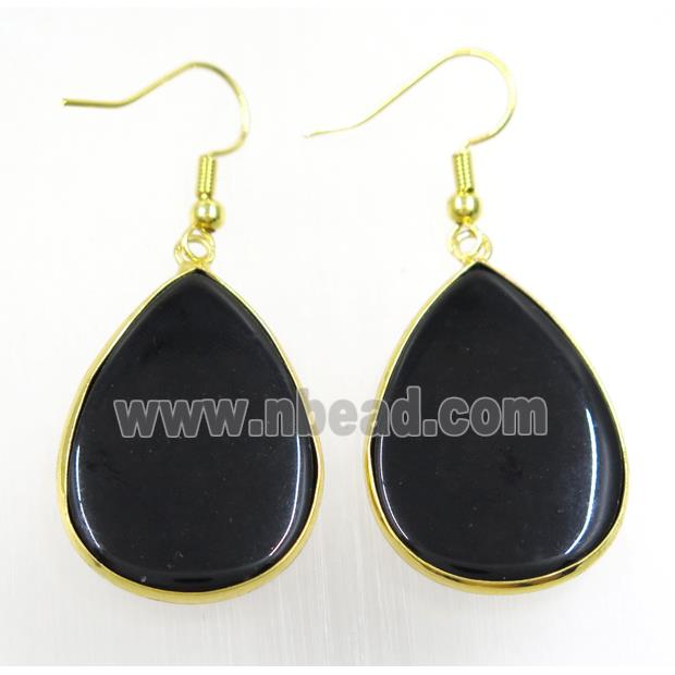 black glass Earring, teardrop, gold plated