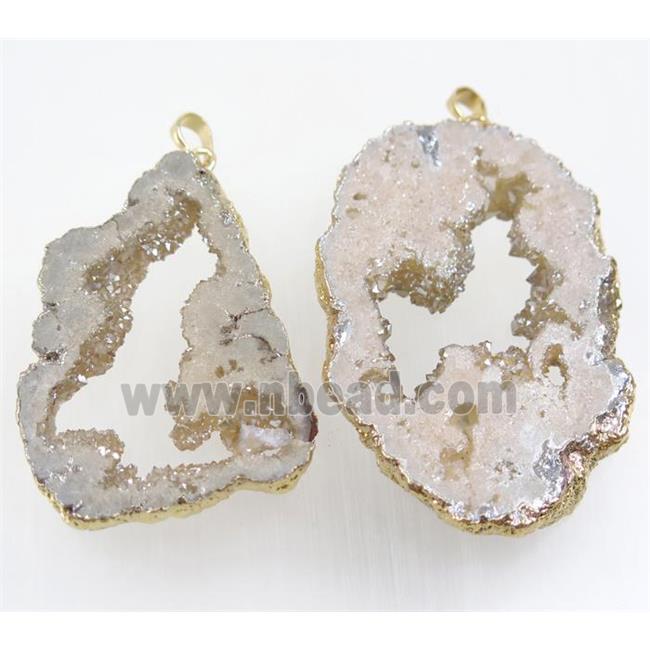 lt.gold-champagne Druzy Agate slice pendant, freeform, gold plated