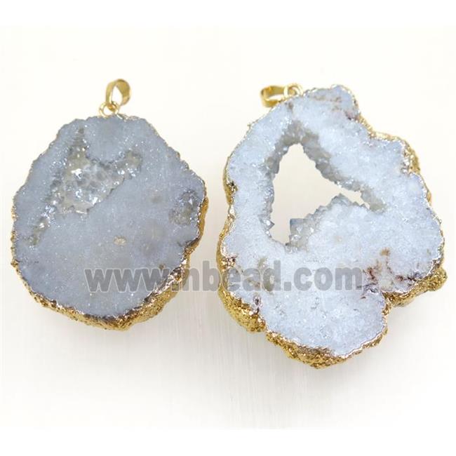 lt.blue gray champagne Druzy Agate slice pendant, freeform, gold plated