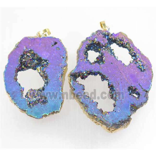 rainbow Druzy Agate slice pendant, freeform, gold plated