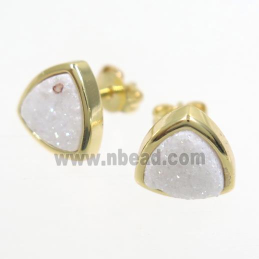 white AB-color Druzy Agate Earring Studs, triangle, gold plated