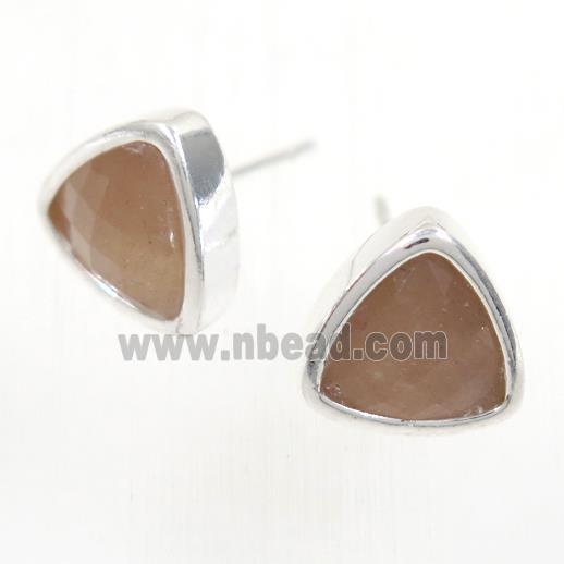 peach MoonStone earring studs, triangle, platinum plated