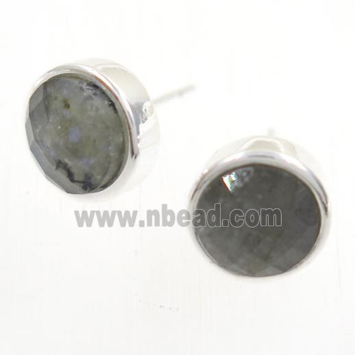 Labradorite earring studs, circle, platinum plated