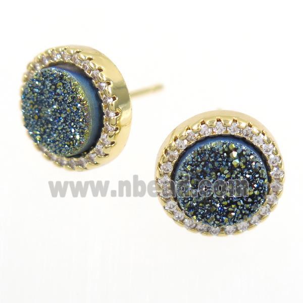 green Druzy Quartz earring studs paved zircon, circle, gold plated