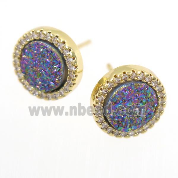 rainbow Druzy Quartz earring studs paved zircon, circle, gold plated