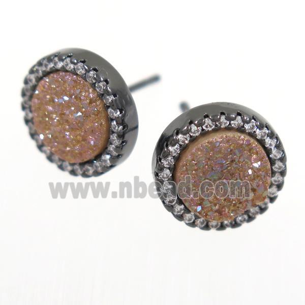 gold champagne Druzy Quartz earring studs paved zircon, circle, black plated