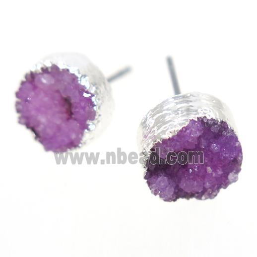 hotpink druzy quartz earring studs, circle, silver plated