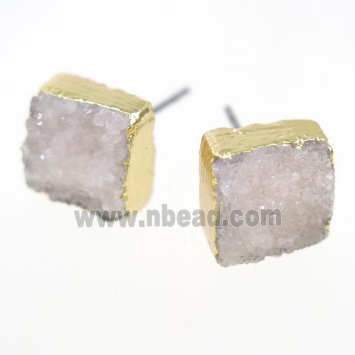 white druzy quartz earring studs, square, gold plated