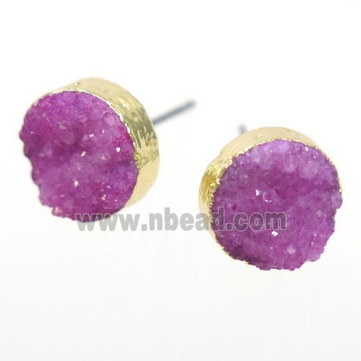 hotpink druzy quartz earring studs, circle, gold plated