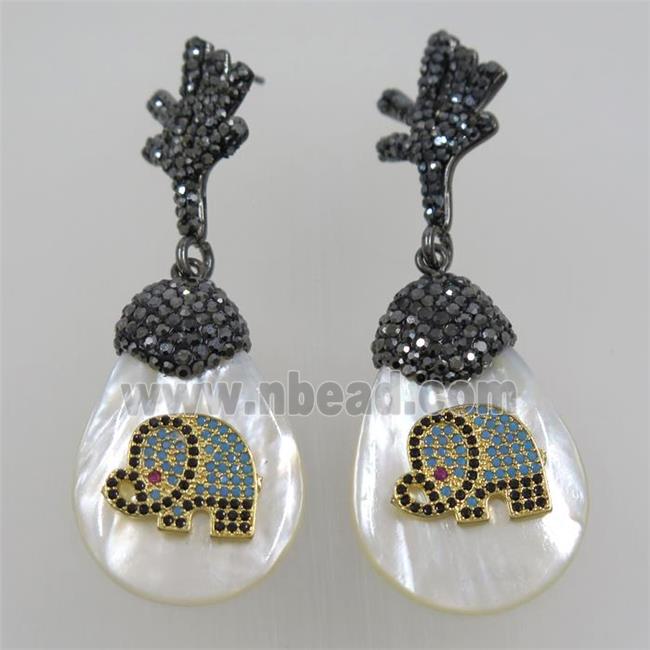 white Shell Earring pave rhinestone elephant