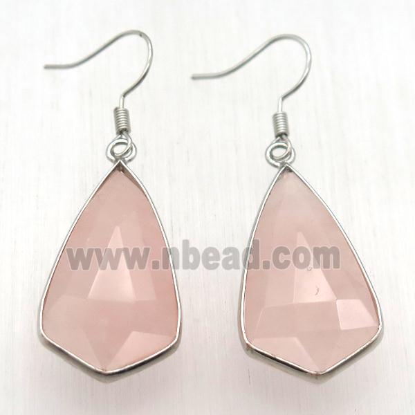 Rose Quartz teardrop Hook Earring, platinum plated