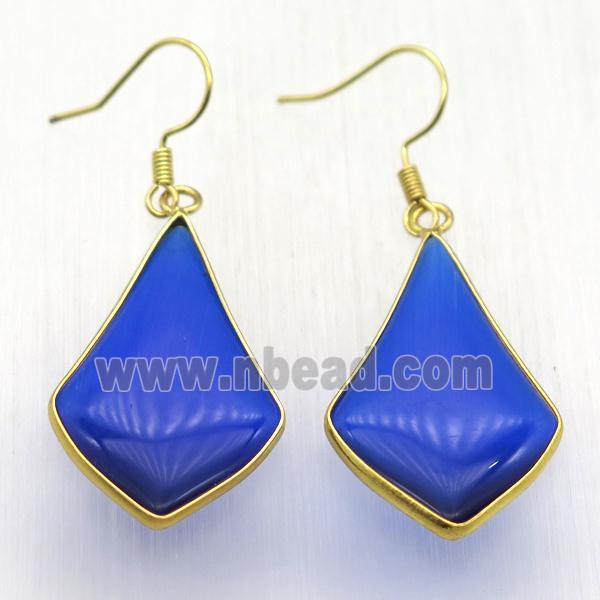 blue cat eye glass teardrop Hook Earring, gold plated