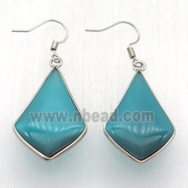 teal cat eye glass teardrop Hook Earring, platinum plated