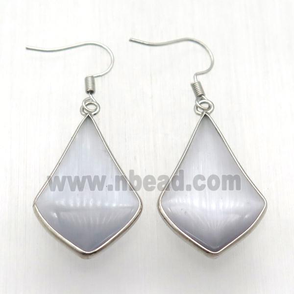 gray cat eye glass teardrop Hook Earring, platinum plated