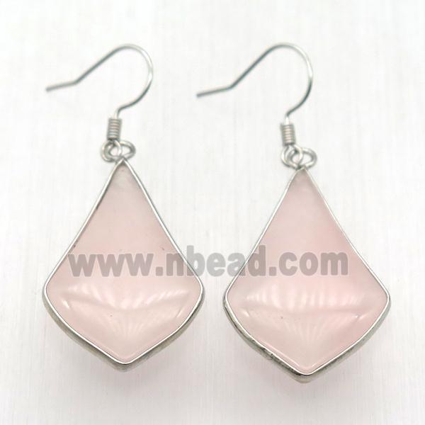 Rose Quartz teardrop Hook Earring, platinum plated