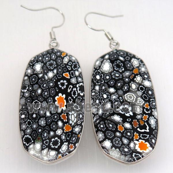 black Milefiori Glass oval Hook Earring, platinum plated