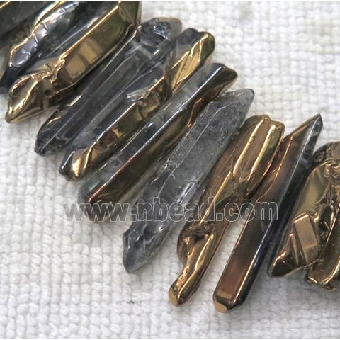 polished clear quartz beads, stick, half gold electroplated