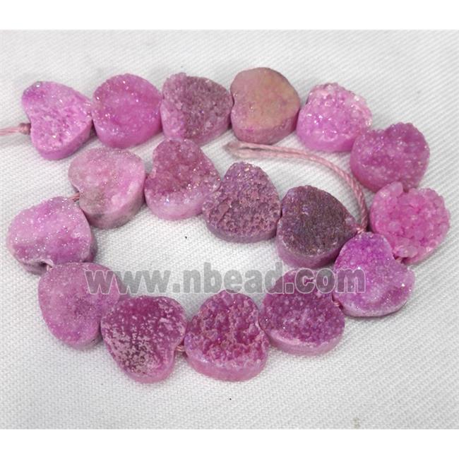 druzy quartz bead, heart, hotpink